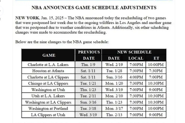 NBA赛程大调整！因山火冰暴来袭，九场比赛重排